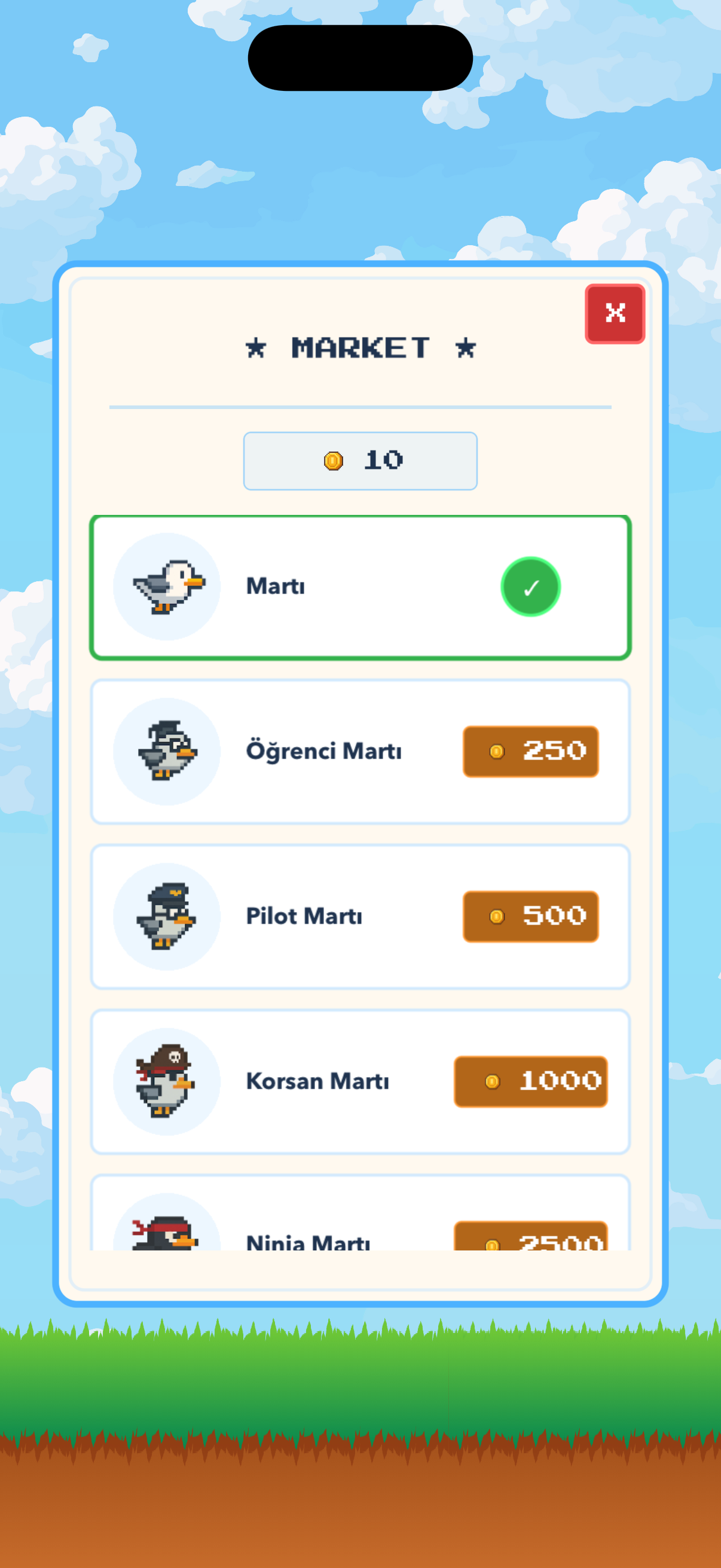 Martı Simulator market - Karakter skinleri ve güçlendirmeler