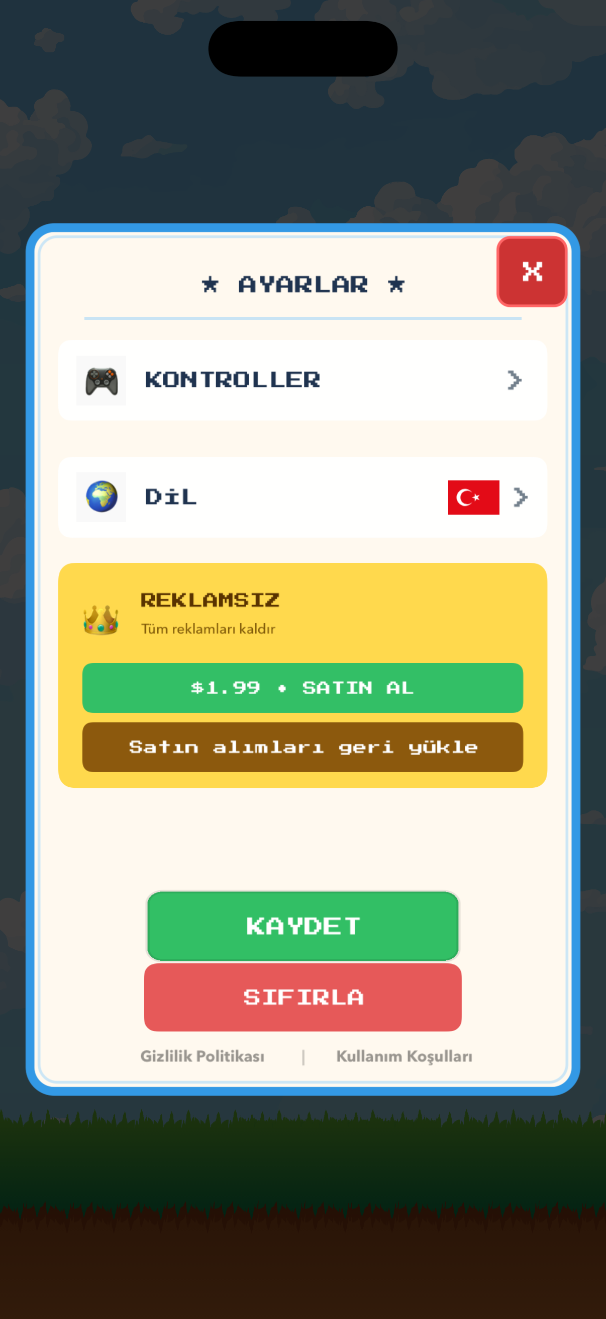 Martı Simulator ayarlar menüsü